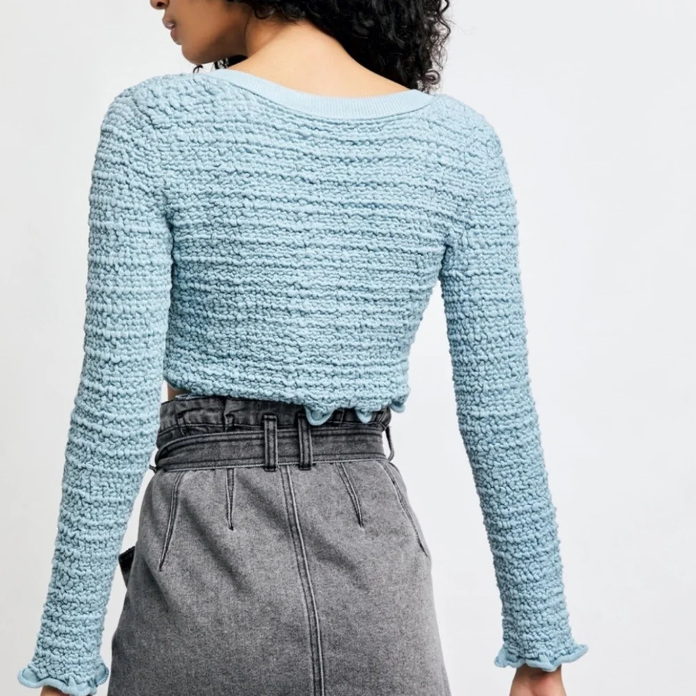 Free People Light Blue Cropped Button-Down Textured Top